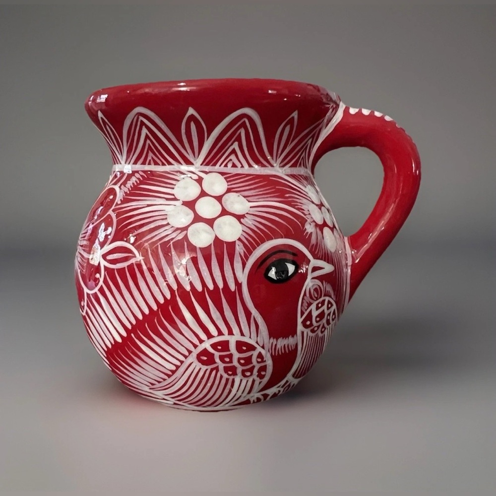 Mexican Red Clay Mug Hand Painted Folk Art Cup Red White Birds Floral Pottery
